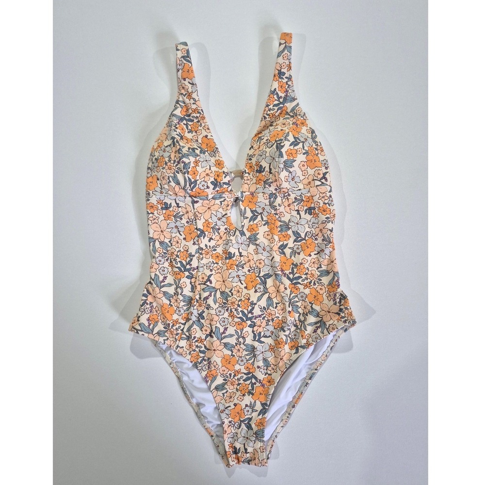 Cupshe Women Floral V-Neck Ring Detail Cutout One Piece Swimsuit Orange‎ Blue L
